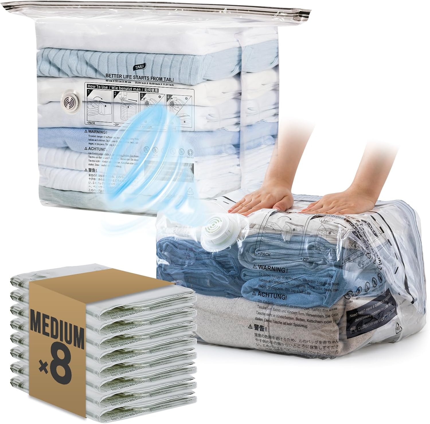 Taili Lot de 8 Sacs de rangement sous vide cubiques, Taille moyenne (63,5 x 48,3 x 27,9 cm), pour vêtements, couettes, couvertures, vêtements de bébé et accessoires de voyage