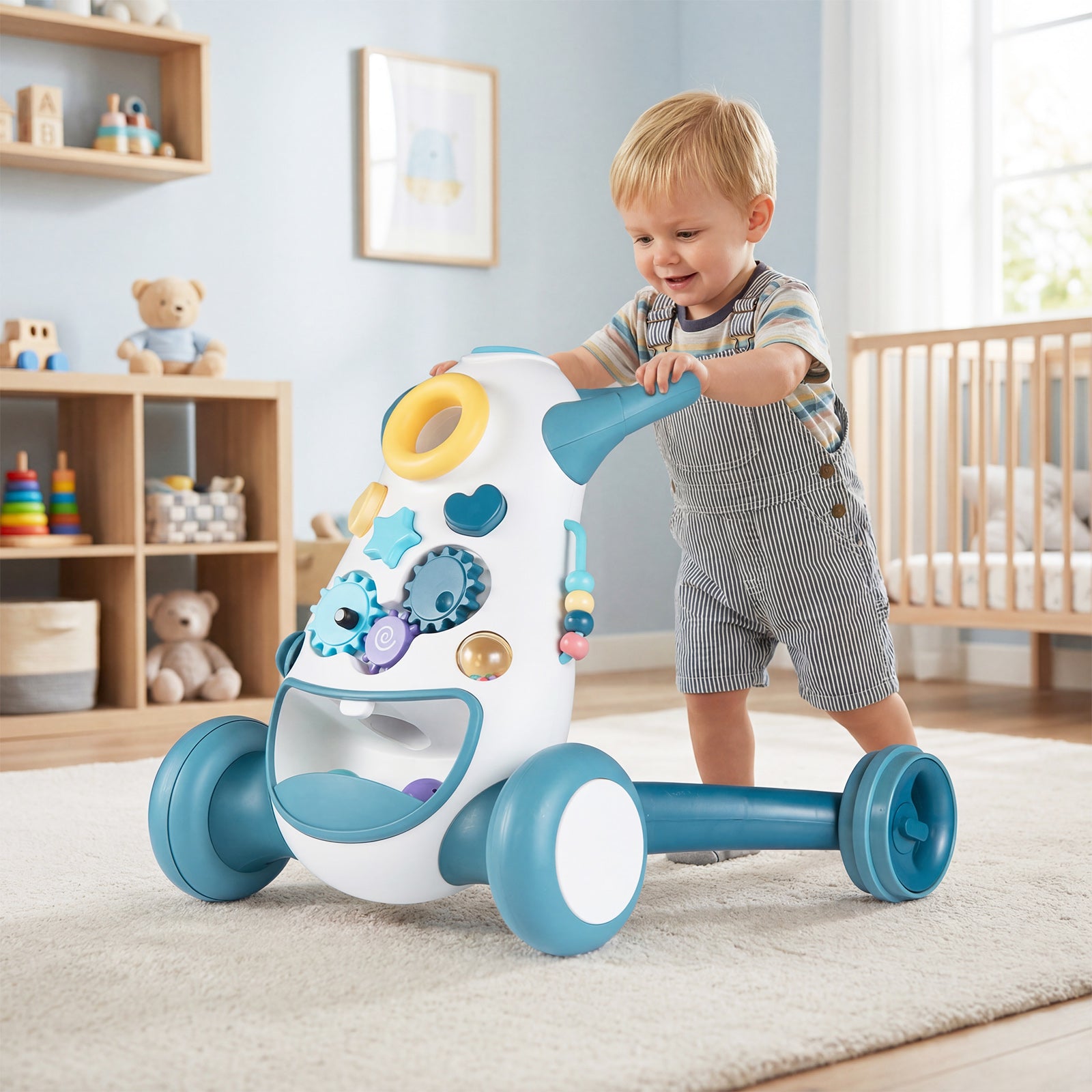 Poussette d'apprentissage pour bébé avec musique et lumières, aide à la marche, jouet de tri de formes et engrenages rotatifs, bleu