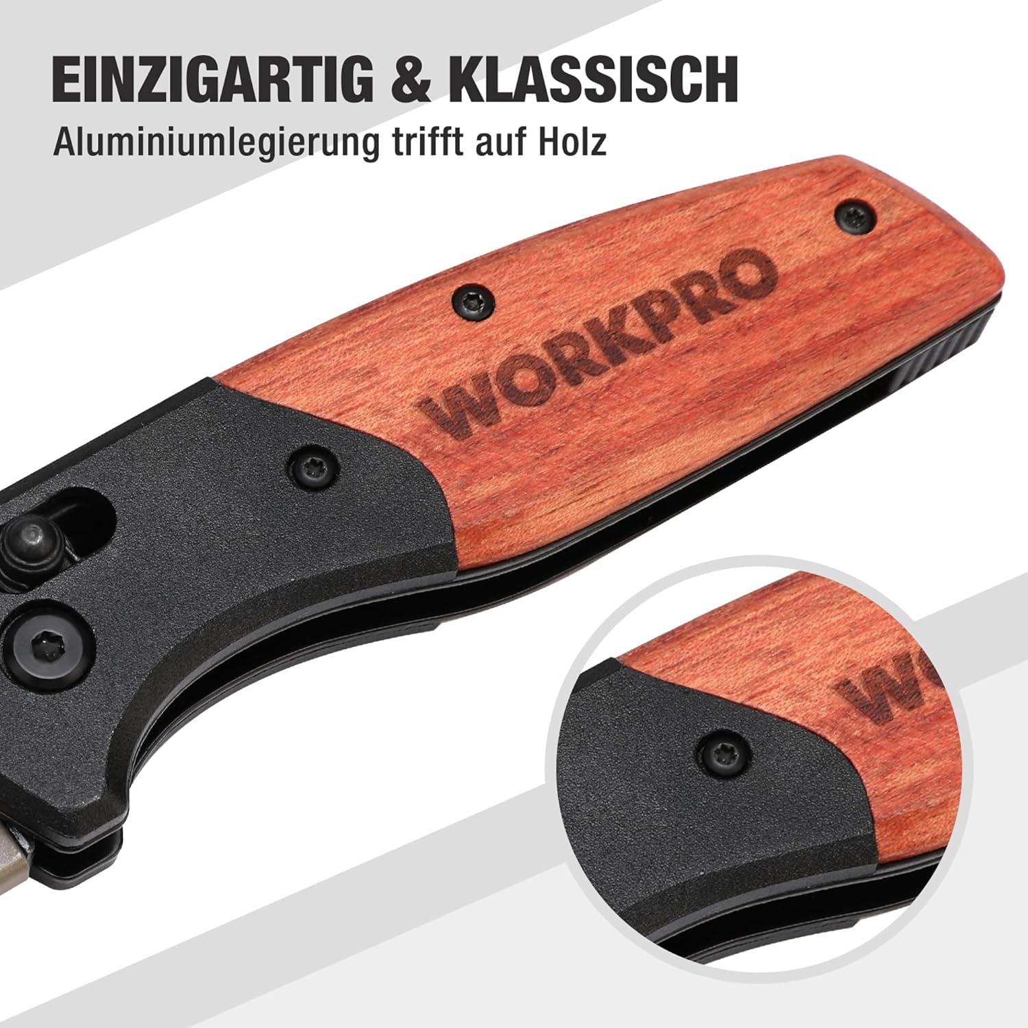 WORKPRO Cutter utilitaire multifonction pliant avec manche en bois, verrou coulissant et clip de ceinture, comprend 10 lames de rechange SK5
