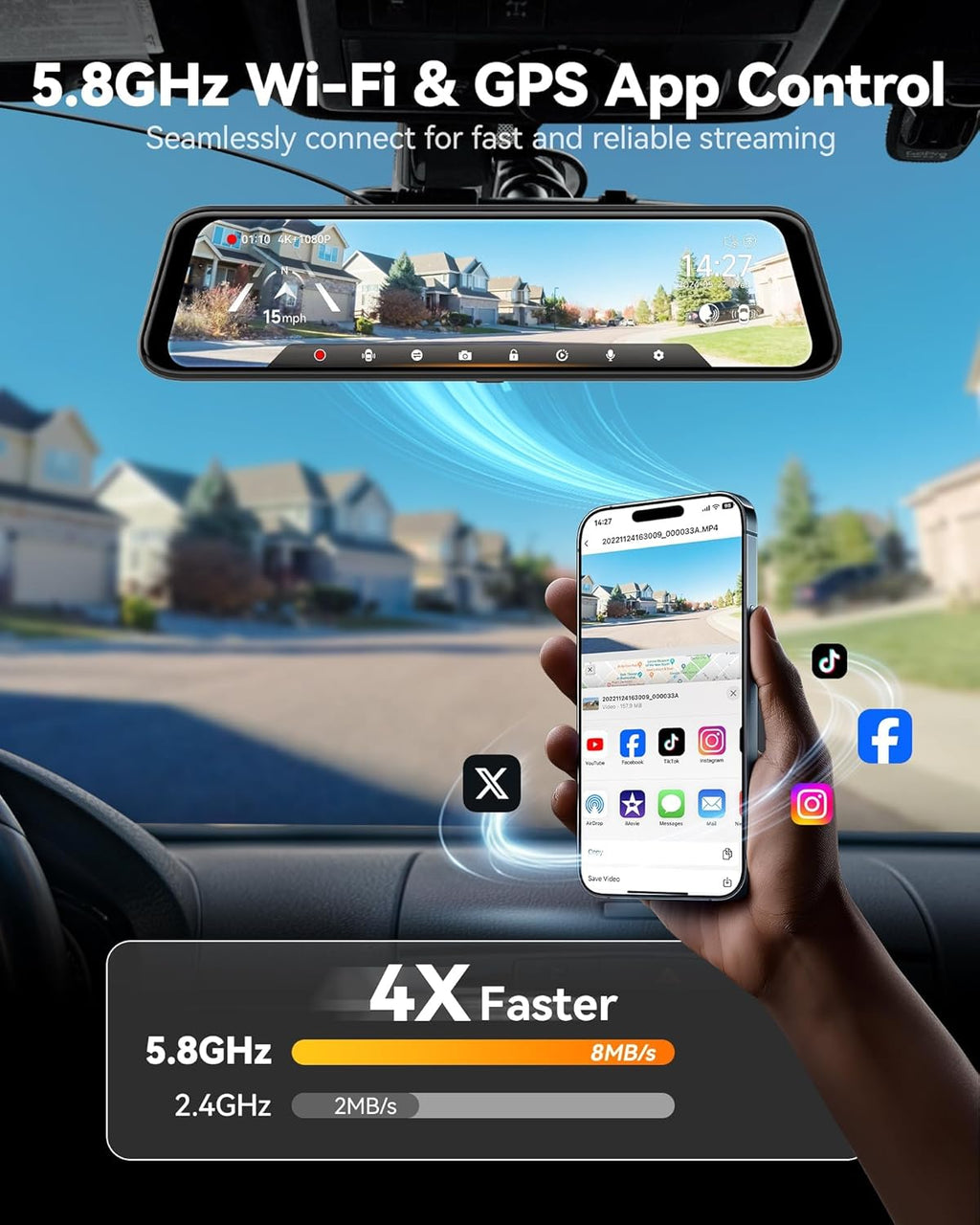 WOLFBOX G850 PRO Dashcam miroir 4K avec ADAS et BSD, commande vocale intelligente Wi-Fi 5,8 GHz, caméra arrière 12 pouces, carte 64 Go, GPS, capteur de gravité, enregistrement en boucle