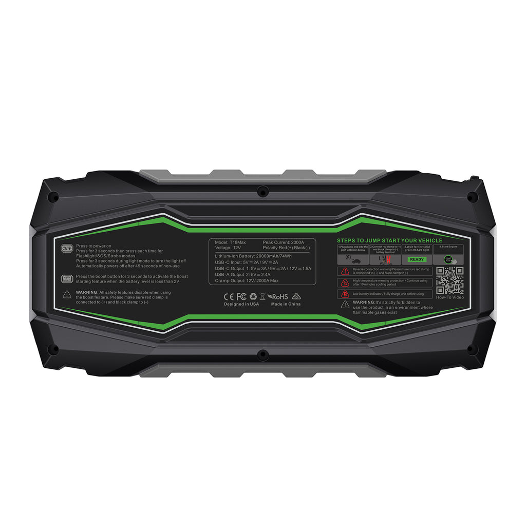 CAROSS Booster de démarrage portable 2 000 A 12 V, Noir, Batterie lithium-ion 20 000 mAh, Protection anti-étincelles et inversion de polarité, Fonction Boost, Écran LED 2,3''