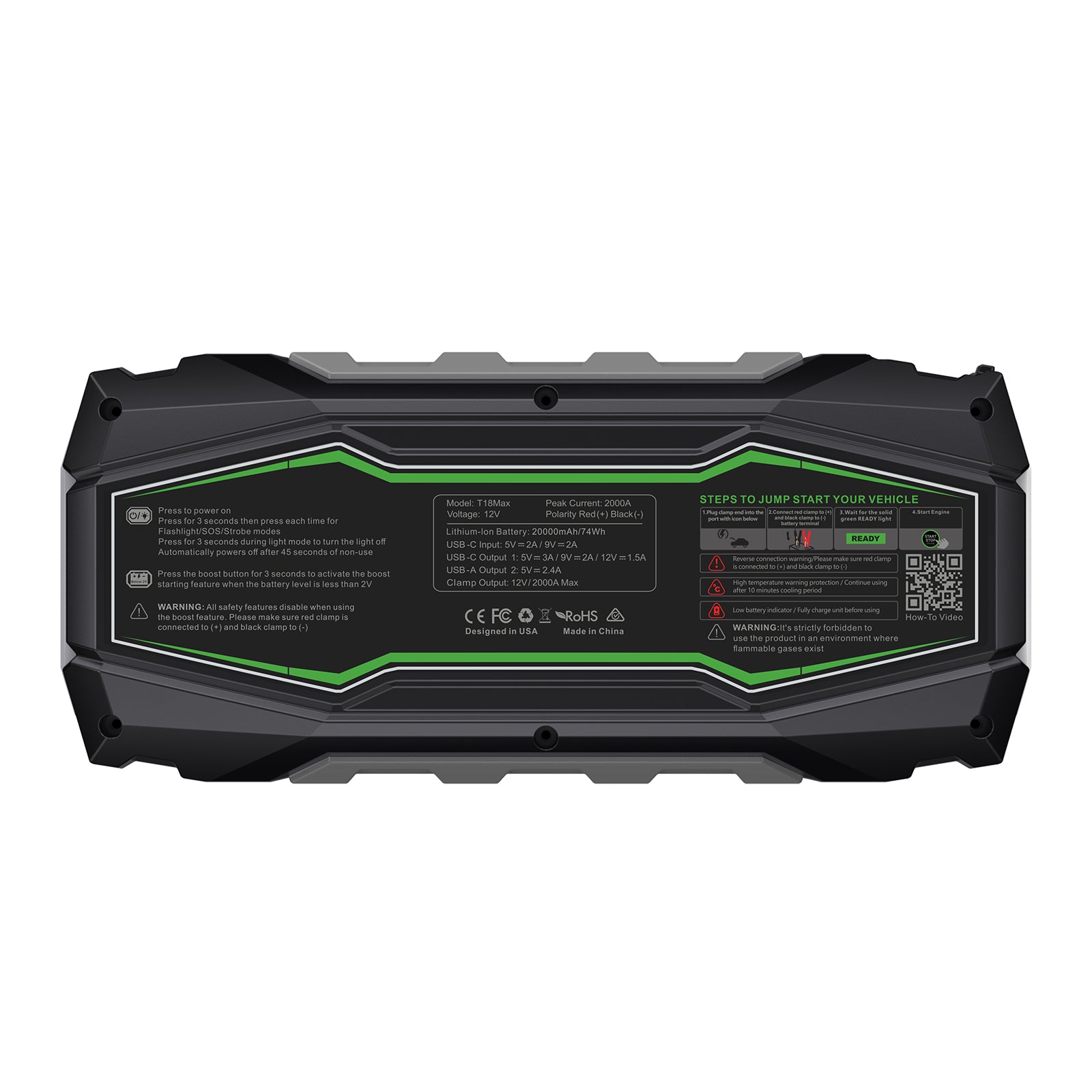 CAROSS Booster de démarrage portable 2 000 A 12 V, Noir, Batterie lithium-ion 20 000 mAh, Protection anti-étincelles et inversion de polarité, Fonction Boost, Écran LED 2,3''