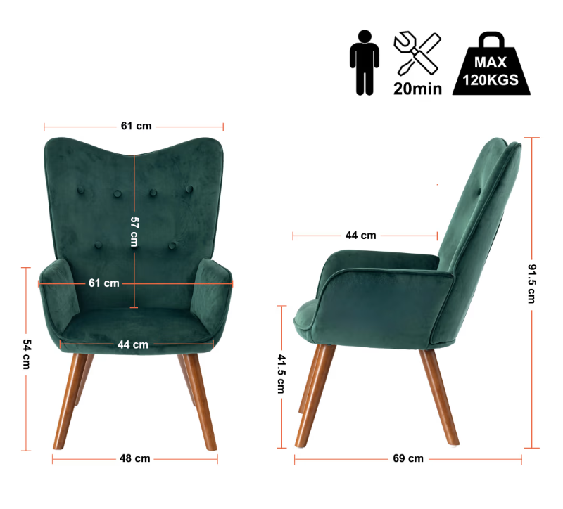 URBAN MEUBLE Fauteuil Velours vert Pieds en bois Confortable
