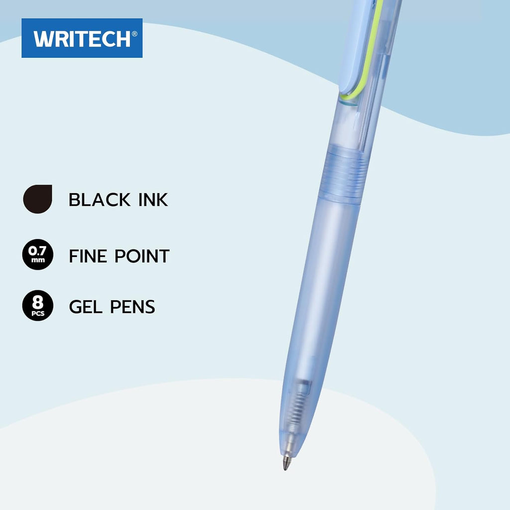 WRITECH Lot de 8 stylos à bille Space Up couleur pastel rétractables encre noire pointe fine 0,7 mm écriture ultra fluide encre à faible viscosité clic silencieux