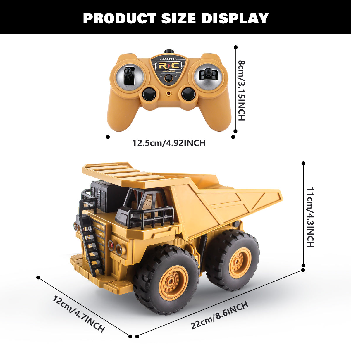 Jouet camion benne RC, Camion de mine télécommandé en plastique rechargeable avec phare LED, Plateau de chargement relevable, Jouet de véhicule d'ingénierie tout-terrain pour garçons cadeau pour enfants