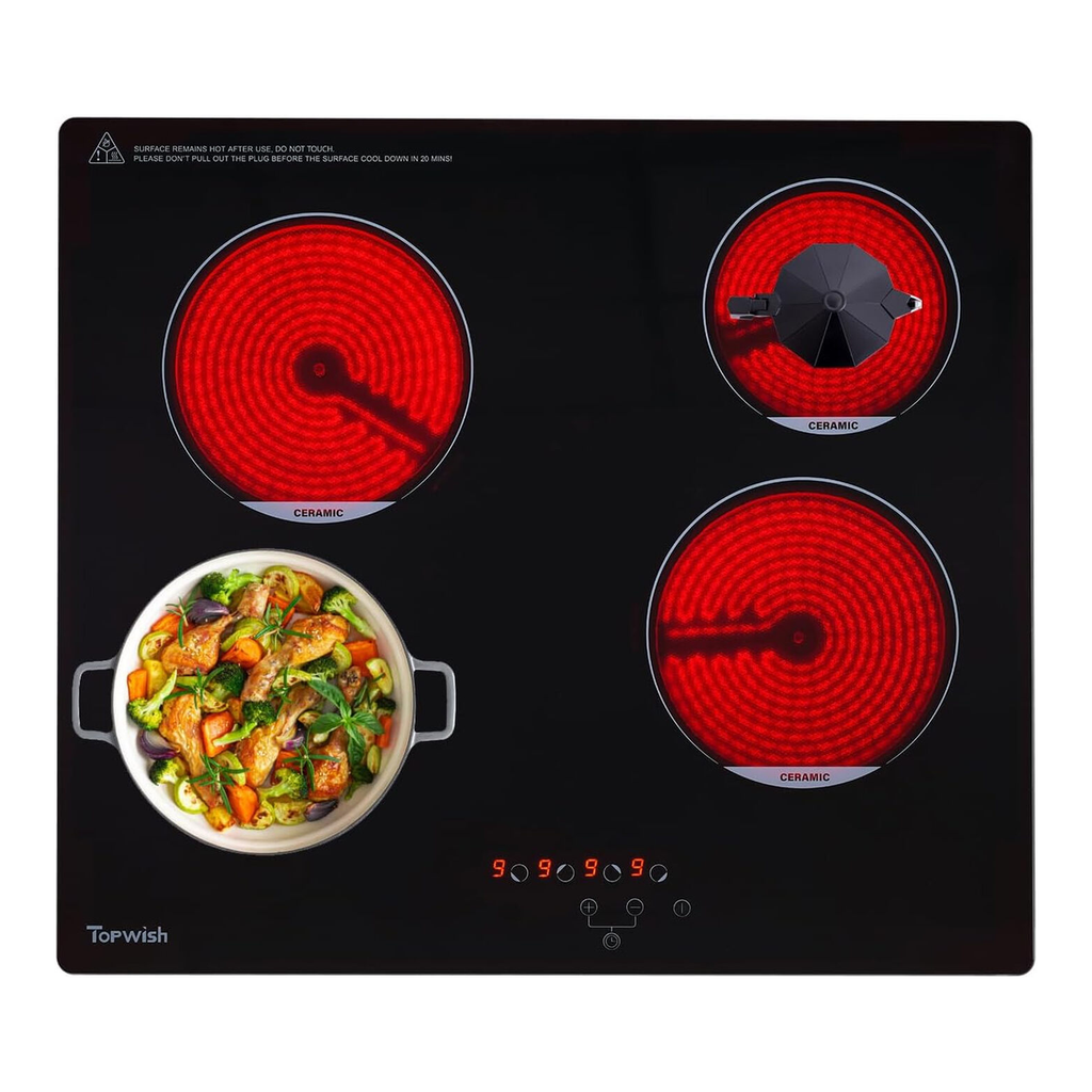 TOPWISH Plaque de cuisson vitrocéramique 4 foyers, Table de cuisson électrique encastrable, Commande tactile, Verrouillage sécurité enfant, Protection contre la surchauffe