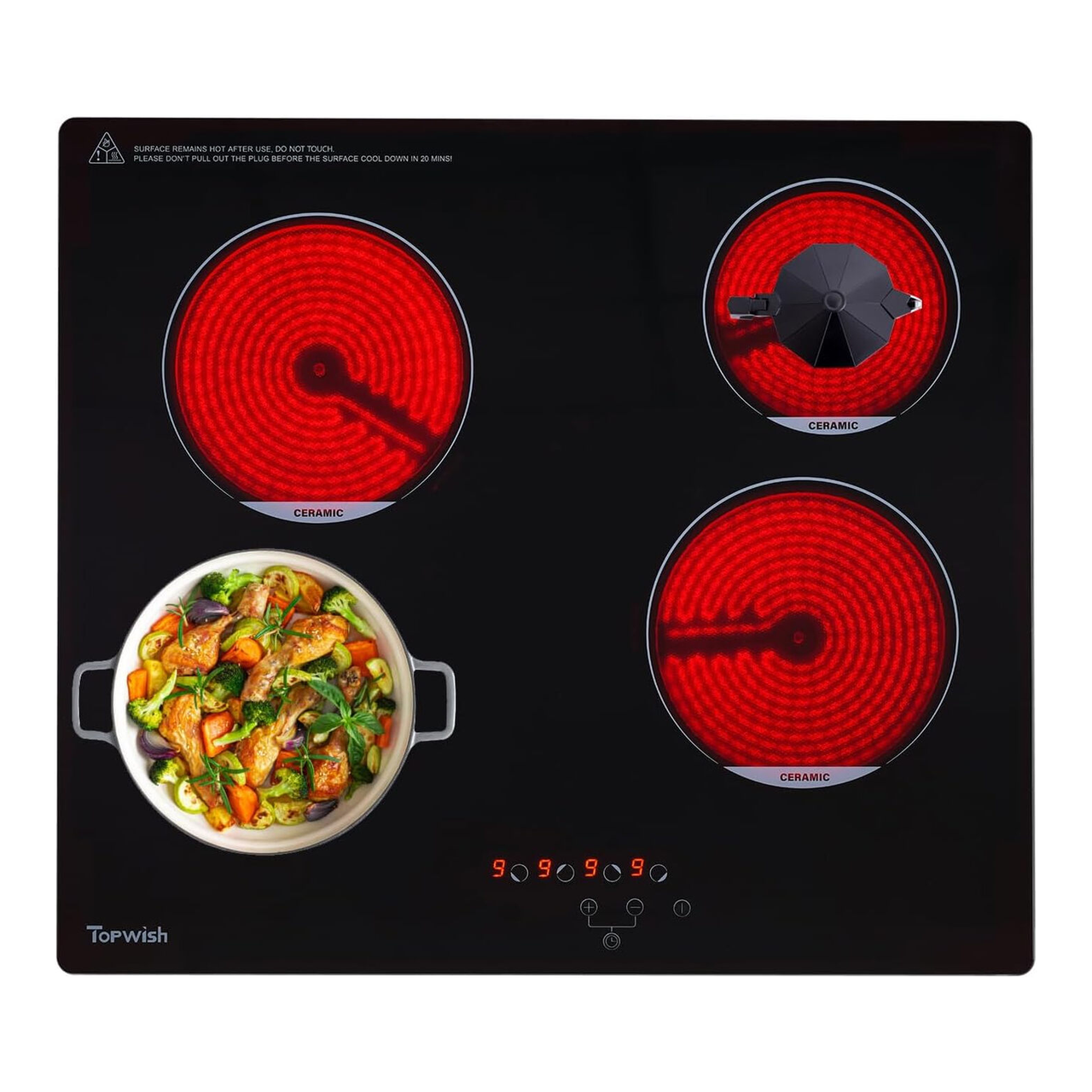 TOPWISH Plaque de cuisson vitrocéramique 4 foyers, Table de cuisson électrique encastrable, Commande tactile, Verrouillage sécurité enfant, Protection contre la surchauffe