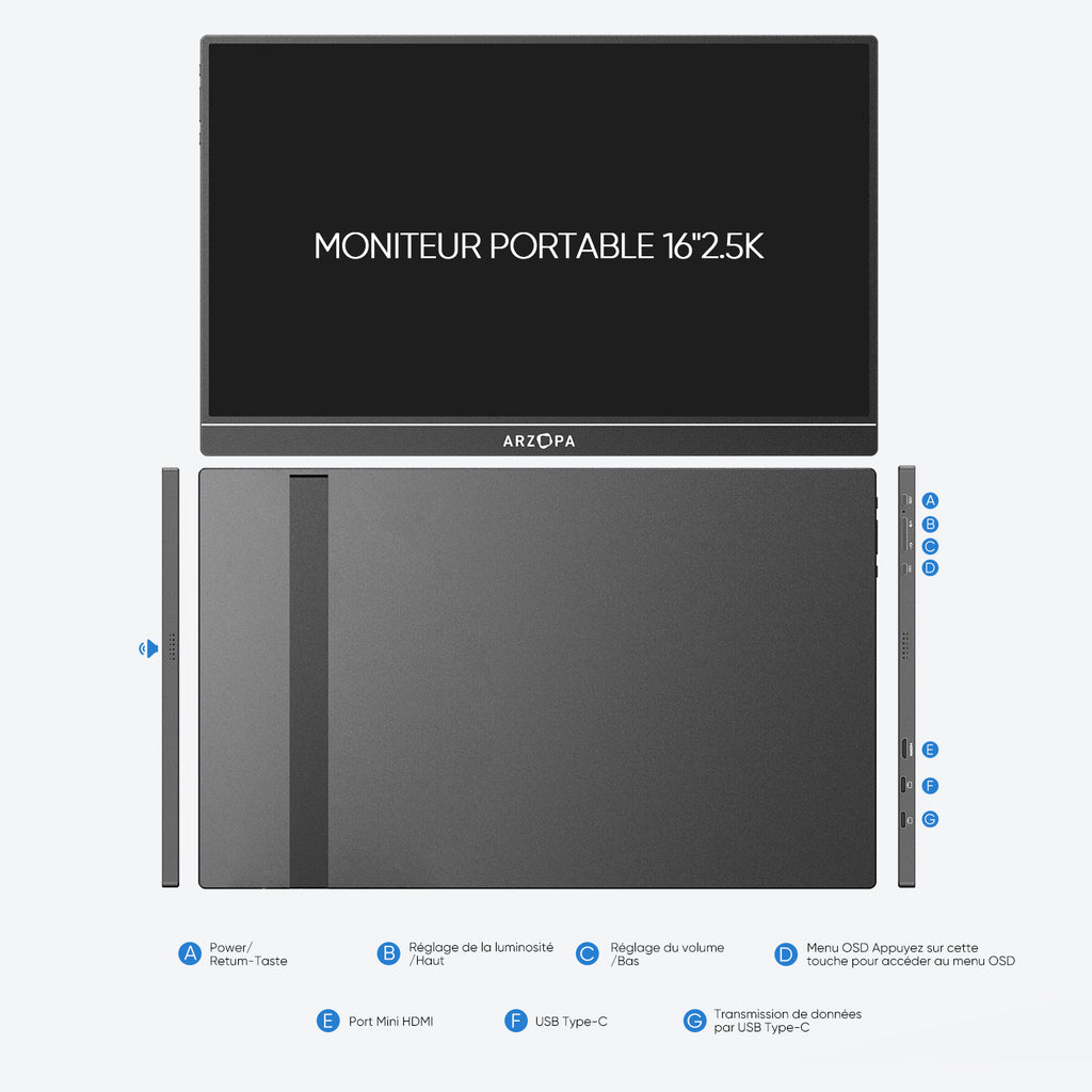 ARZOPA Z1RC Moniteur portable 2,5K, 16 pouces 2560 x 1600 HDR 500 nits 8 bits QHD USB-C HDMI, écran externe de protection des yeux 16:10 IPS, second écran pour Mac, PC, téléphone, PS4/5, Xbox, Switch