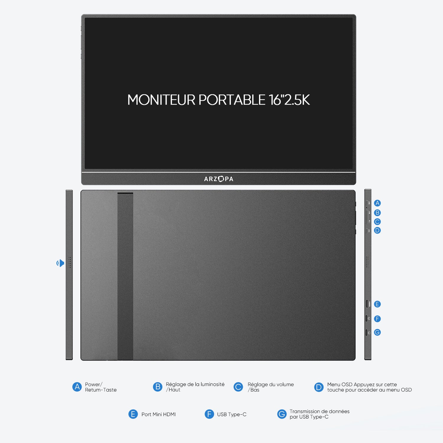 ARZOPA Z1RC Moniteur portable 2,5K, 16 pouces 2560 x 1600 HDR 500 nits 8 bits QHD USB-C HDMI, écran externe de protection des yeux 16:10 IPS, second écran pour Mac, PC, téléphone, PS4/5, Xbox, Switch