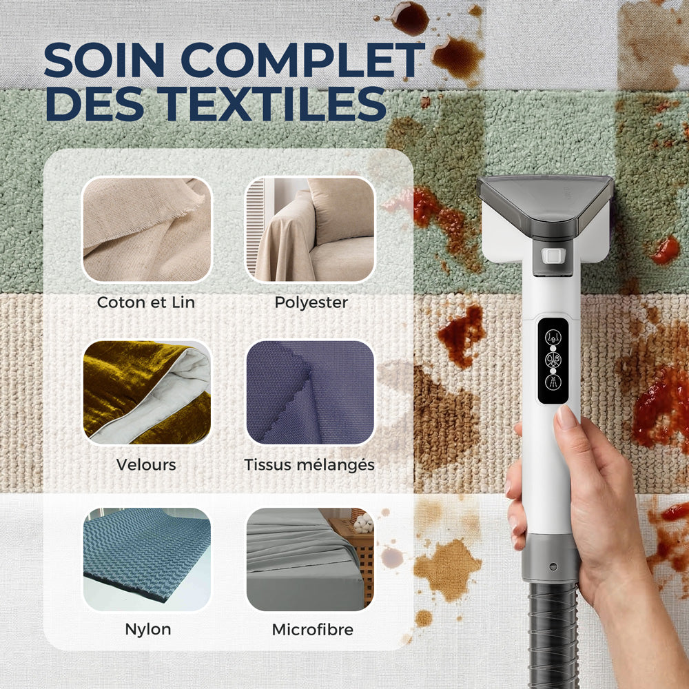 Rouny Nettoyeur de Tapis Portable, Machine de Nettoyage de Tissus d'Ameublement avec 3 Modes Eau Froide Eau Chaude Vapeur, Aspiration 13 kPa, Doubles Réservoirs d'Eau