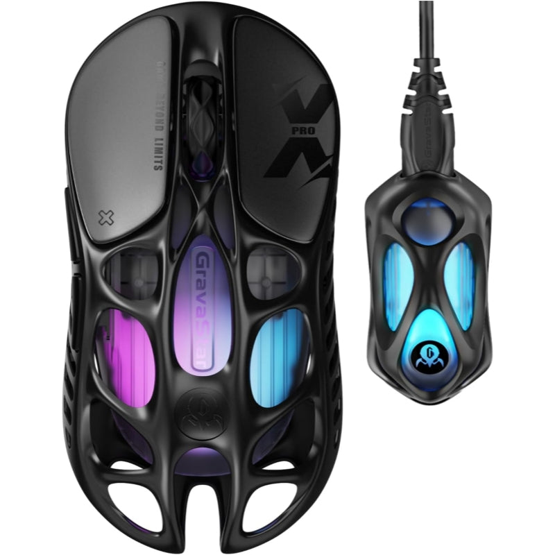 Souris de jeu sans fil GravaStar Mercury X Pro 49 g, Dongle 8K, Capteur PAW 3950 32 000 DPI, Taux d'interrogation 8 000 Hz, Alliage de magnésium, Design creux, Éclairage RGB