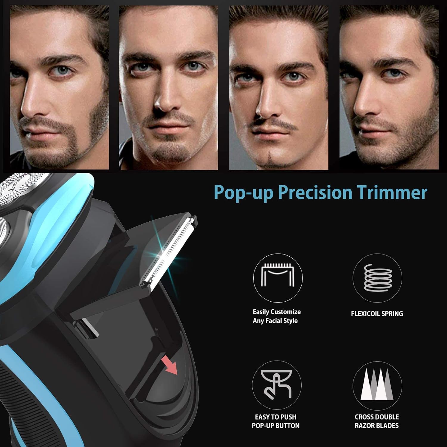 Rasoir électrique MAX-T pour hommes avec tondeuse escamotable, étanchéité IPX7, tête rotative 3D, rasoir sans fil rechargeable, port Type-C, 120 min d'autonomie, Plug & Play – Bleu