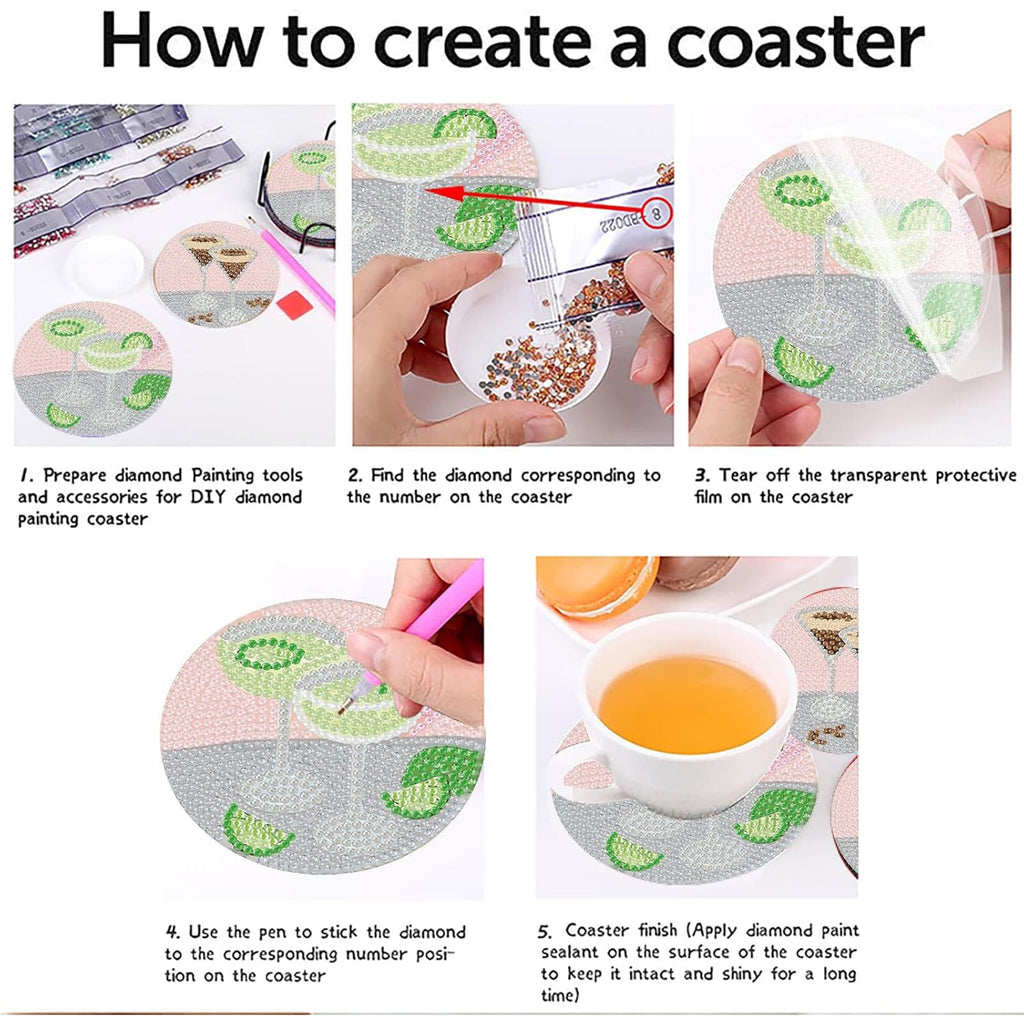 Ju7cer Lot de 6 sous-verres de peinture diamant 5D avec support - Art cocktail DIY pour tables à boissons et de café