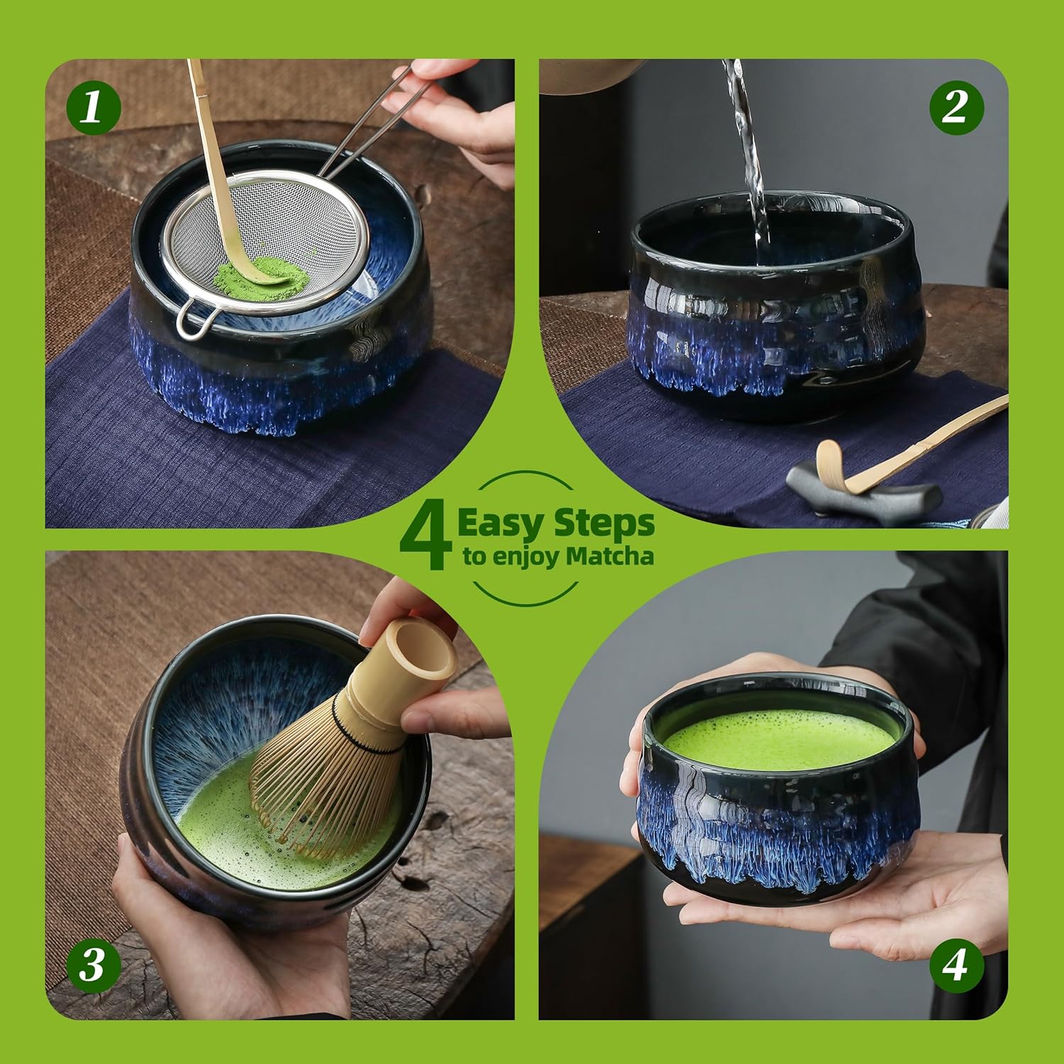 TEANAGOO Service à thé matcha, service à thé japonais, bol à matcha, fouet en bambou pour matcha, cuillère, tamis, porte-fouet à matcha, support de fouet à matcha