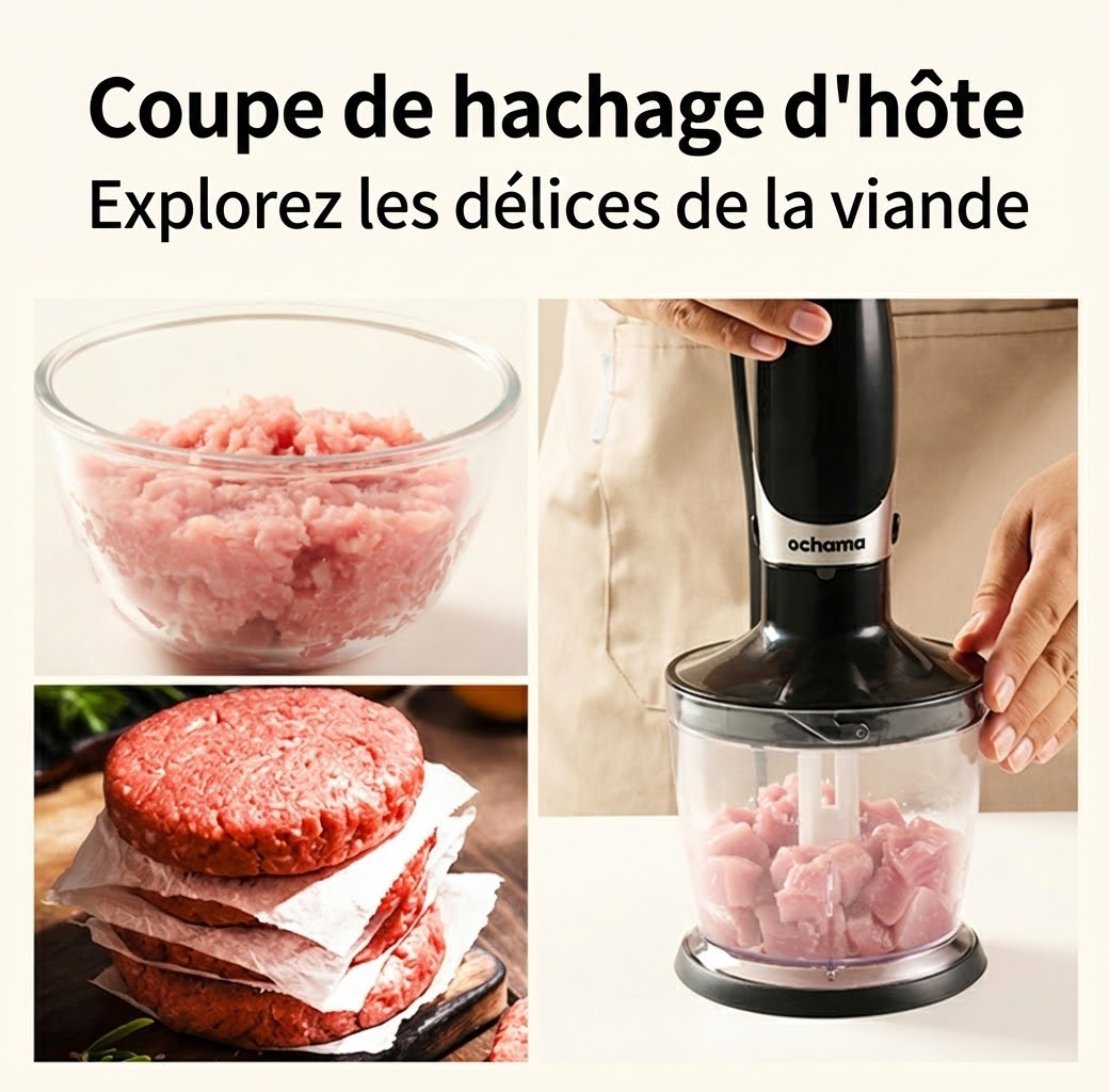ochama Mixeur Plongeant 600W, 4-en-1 avec Fouet, Hachoir, 2 Vitesses, Monte Œufs et Crème, Nourriture Bébé, Soupe, Purées, Amovible et Facile à Nettoyer, Bol 500ml + Gobelet Doseur 800ml