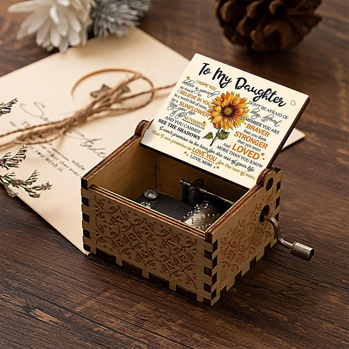 Alphynix 1 pièce Boîte à musique d'encouragement pour fille, Citation « Sois un tournesol » et messages motivants, Cadeau en bois à manivelle de la part de sa mère
