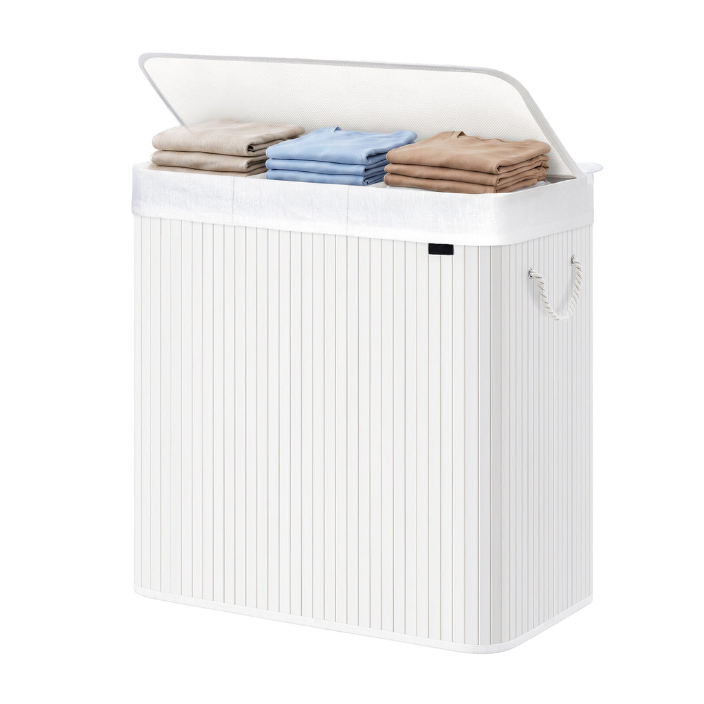 JOYFURNOS Grand Panier à Linge en Bambou, Panier à Linge Pliable à 3 Compartiments avec Couvercle, Sac Intérieur Amovible, Blanc