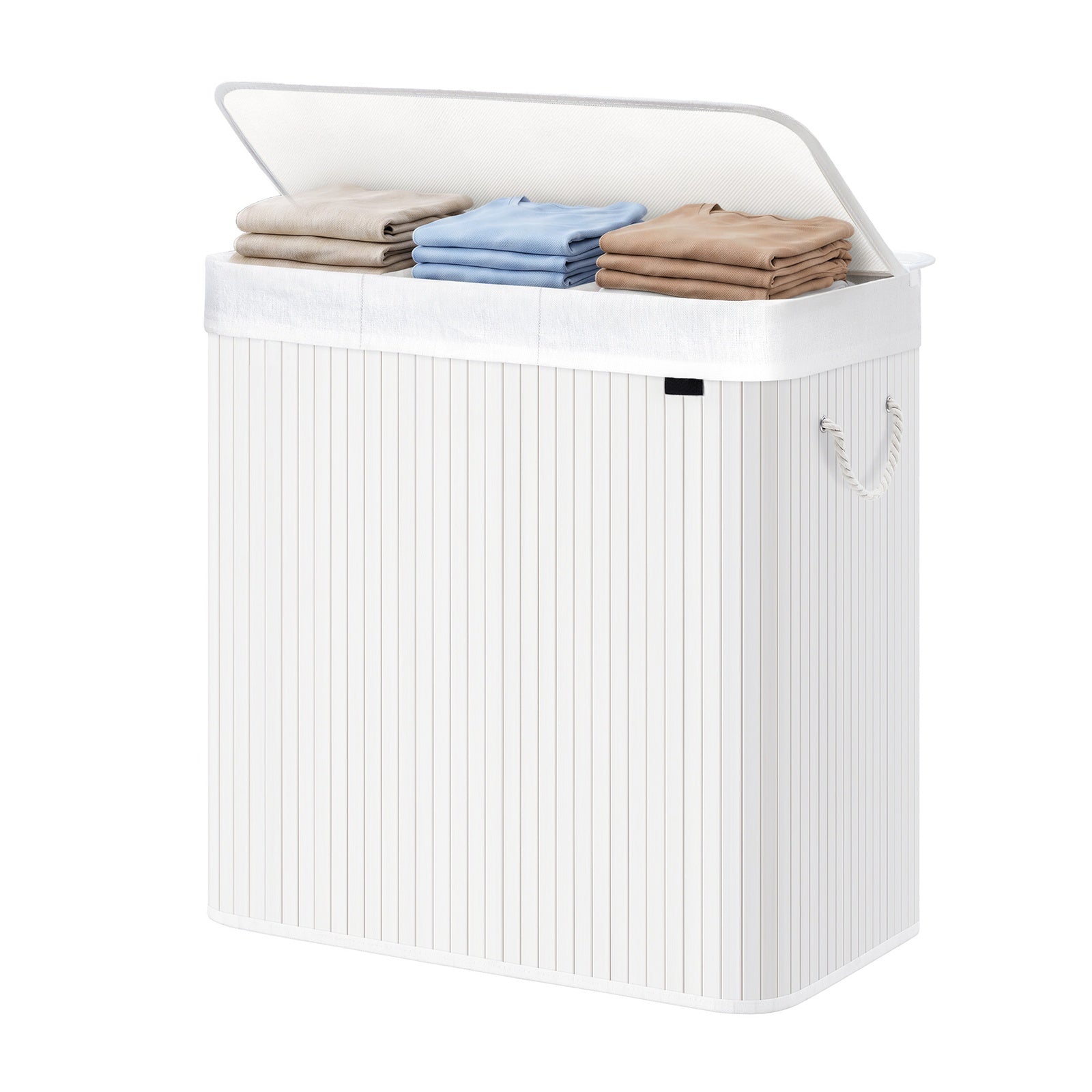JOYFURNOS Grand Panier à Linge en Bambou, Panier à Linge Pliable à 3 Compartiments avec Couvercle, Sac Intérieur Amovible, Blanc