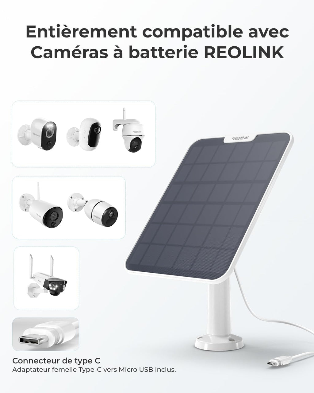 Reolink Panneau Solaire 2 6 W pour Caméra de Sécurité Extérieure Sans Fil, USB Type-C, Support Réglable à 360°, Câble de 4 m, Étanche, Blanc