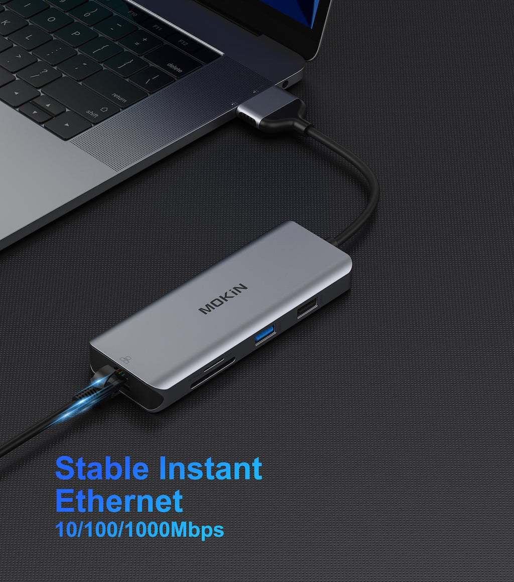 Mokin Adaptateur double USB C vers 2 x HDMI + 2 x USB3.0 + USB2.0 + RJ45 + SD/TF + PD