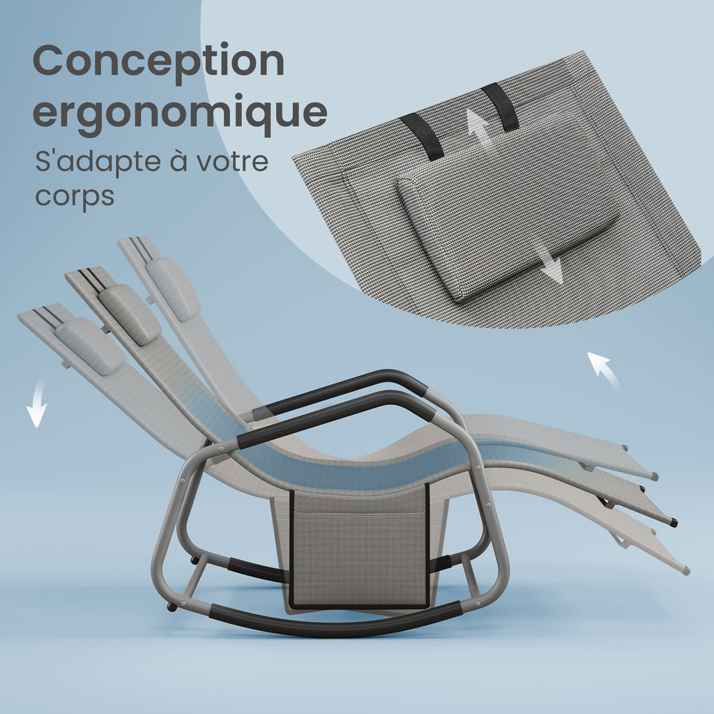 JOYFURNOS Chaise Relax de Jardin, Fauteuil à Bascule avec Poche, Cadre en Acier, Tissu Respirant, Gris Tourterelle