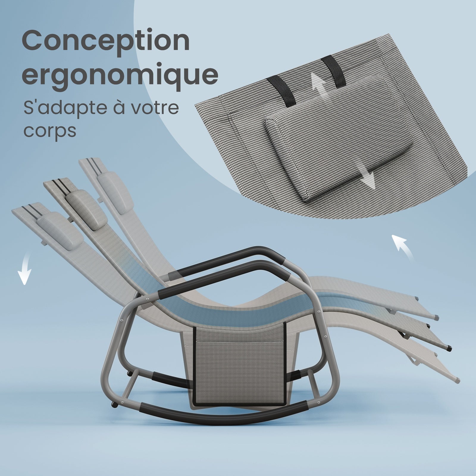 JOYFURNOS Chaise Relax de Jardin, Fauteuil à Bascule avec Poche, Cadre en Acier, Tissu Respirant, Gris Tourterelle