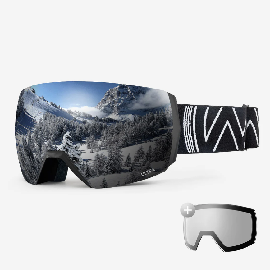 OutdoorMaster ULTRA Pack masque de ski + écrans pour hommes et femmes - Monture noire, Écran gris argenté + écran transparent