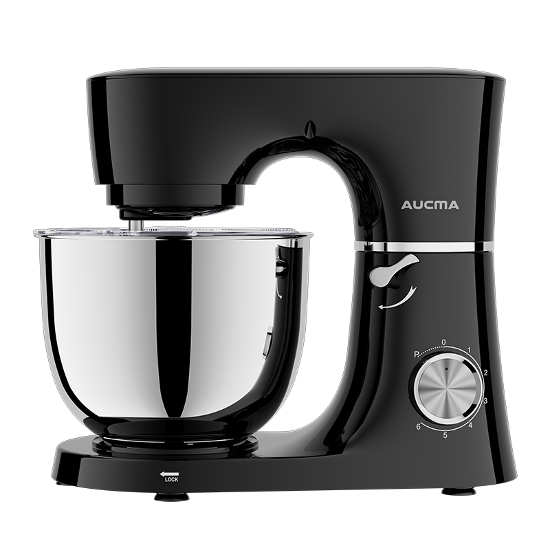AUCMA ASM1559 Robot pâtissier 6 L 450 W 6 vitesses à tête inclinable avec bol en acier inoxydable SUS304, crochet pétrisseur, fouet, batteur et couvercle anti-éclaboussures, Noir