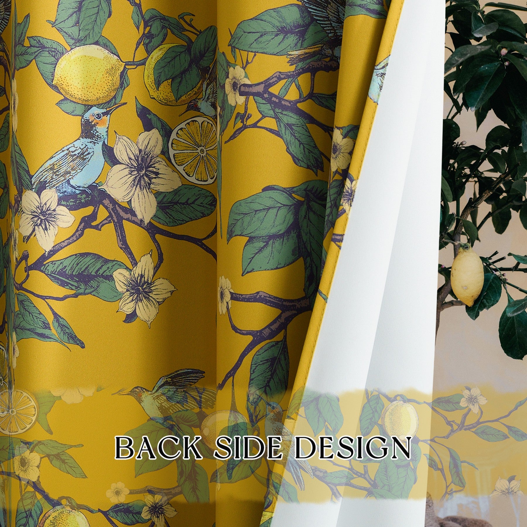 PONY DANCE Rideaux Occultants Motif Colibri Citron Style Illustration Mid Century pour Salon, Chambre, 2 Panneaux, L 132 x H 220 cm, Jaune Moutarde