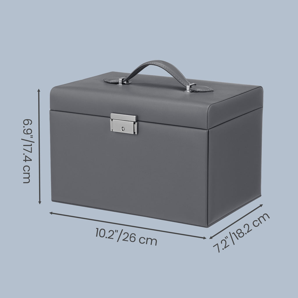 JOYFURNOS Boîte à bijoux, Organisateur de bijoux avec 2 tiroirs, Boîte à bijoux verrouillable avec miroir, Étui de voyage portable, Pour bagues, bracelets, boucles d'oreilles, colliers, Doublure en velours, Cadeau, Gris