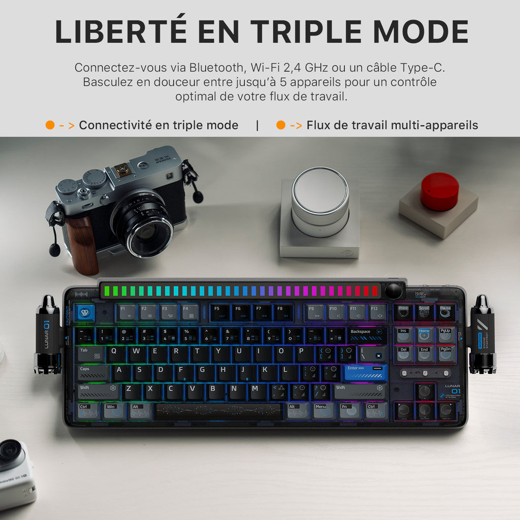 KEYSME Lunar 01 Clavier mécanique 80 % tri-mode, disposition QWERTY US, clavier à montage sur joint avec éclairage rythmé, commutateurs remplaçables à chaud, molette programmable
