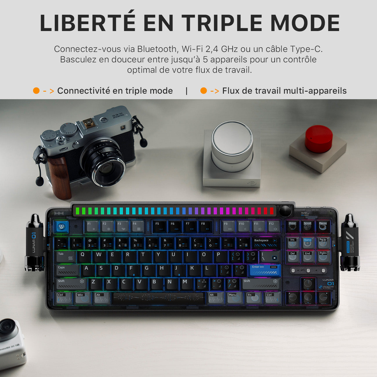KEYSME Lunar 01 Clavier mécanique 80 % tri-mode, disposition QWERTY US, clavier à montage sur joint avec éclairage rythmé, commutateurs remplaçables à chaud, molette programmable