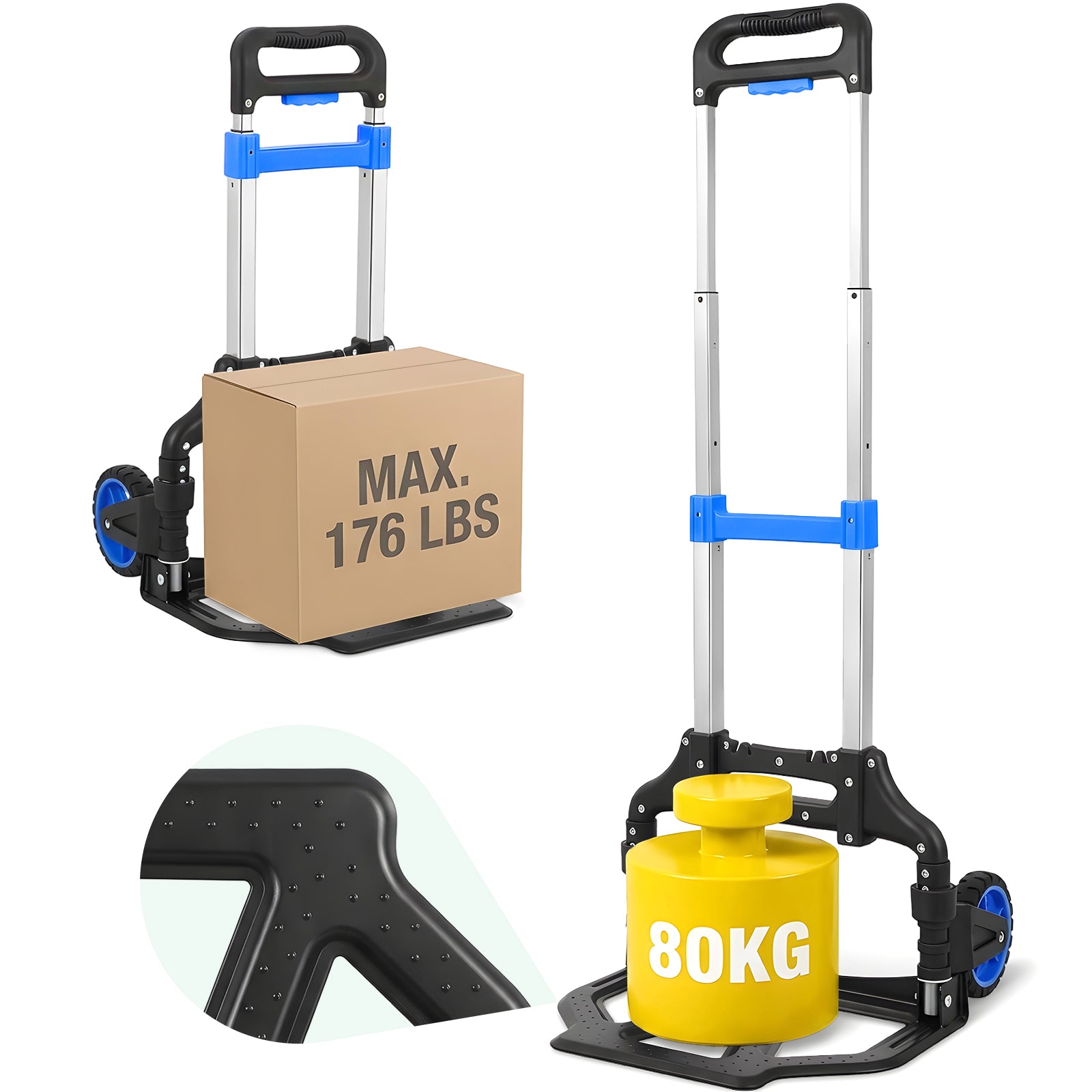 Diable chariot de transport pliable en aluminium, charge 80 kg, hauteur réglable sur 3 niveaux, pliage rapide, poids net 3,5 kg, roues TPR à double roulement, frein et poignée ergonomique
