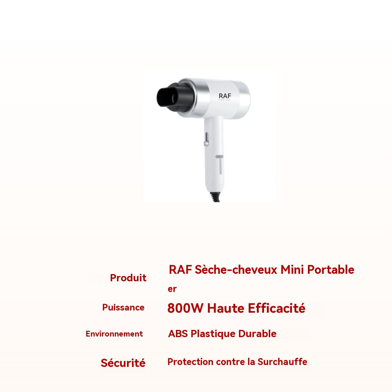 RAF Sèche-cheveux 800 W, séchage rapide 12 000 tr/min, protection contre la surchauffe, ABS, modes de température interchangeables, style salon professionnel pour la maison