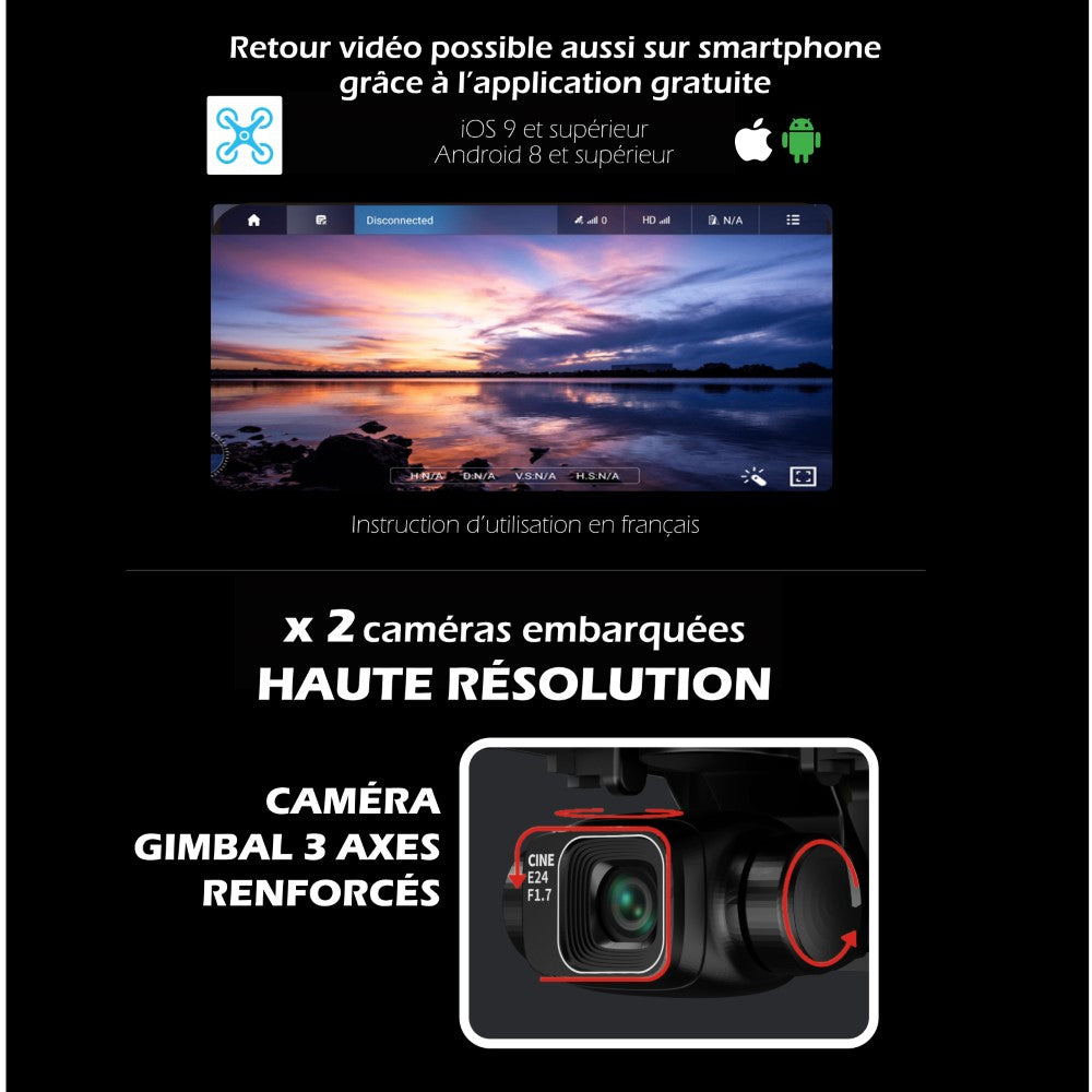 KYF Drone d’inspection 5G/4G avec télécommande écran 4,5 pouces + tapis d’atterrissage + 2 batteries + mallette de transport