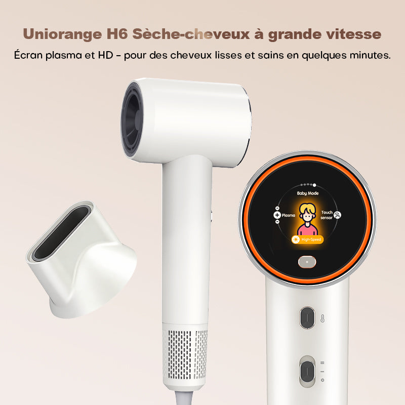 Uniorange H6 Sèche-cheveux à haute vitesse avec technologie plasma, écran LCD HD, 5 modes intelligents, 1600 W de puissance et 1 milliard d'ions plasma