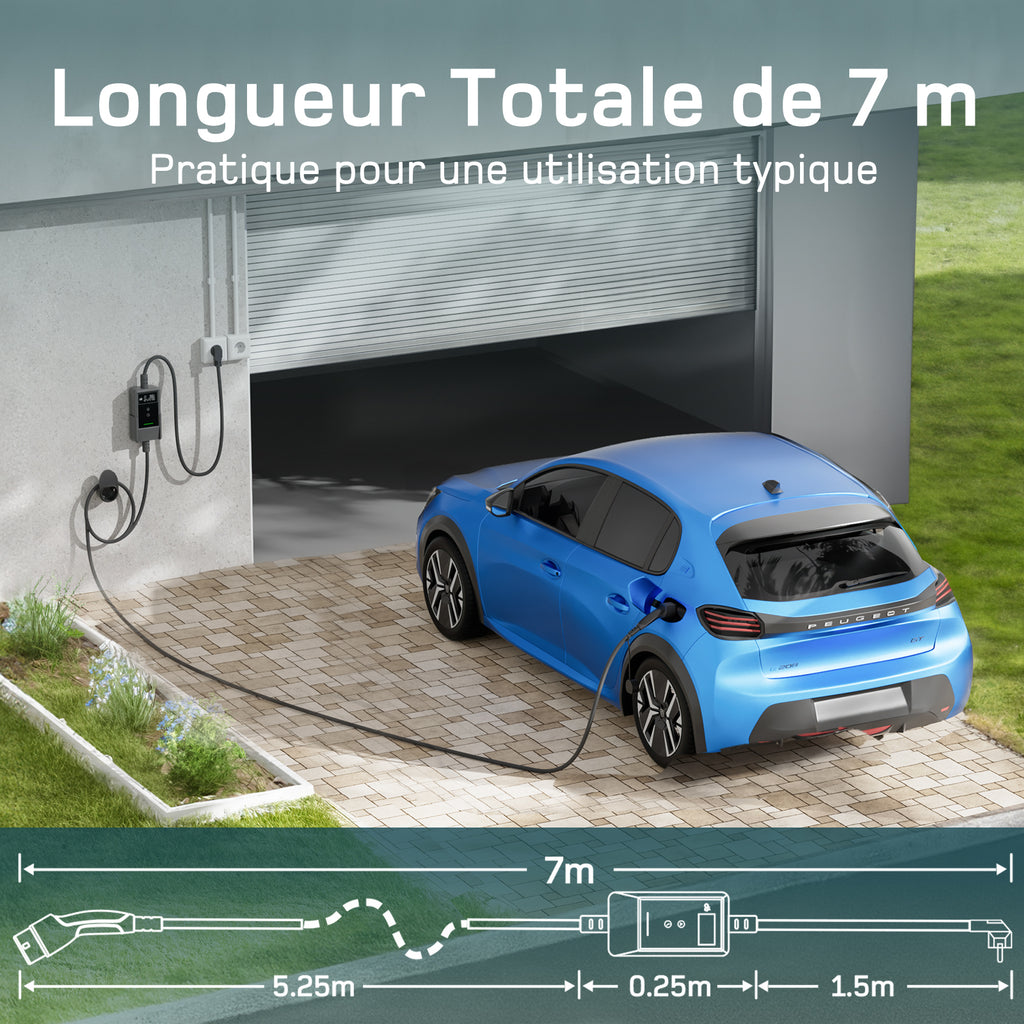 dé Chargeur EV 3,7 kW avec application 7 m 6–16 A réglable Type 2 Schuko Chargeur de voiture électrique Plug & Play avec écran LCD, IP66, et DDR Type A 30 mA AC + 6 mA DC, Câble de charge de voiture électrique pour EV/PHEV, Noir