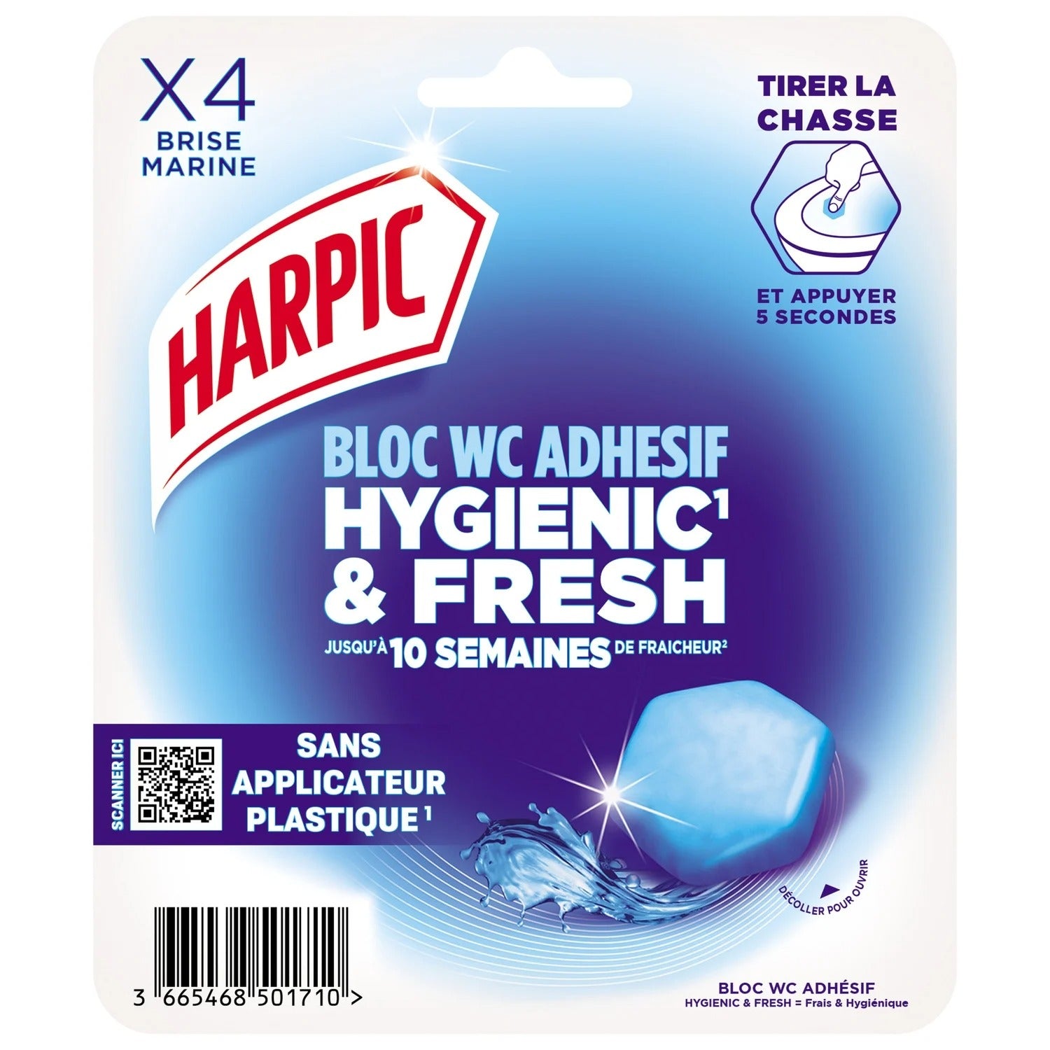 HARPIC Bloc WC adhésif, Hygiénique & frais, Brise marine, 4 blocs