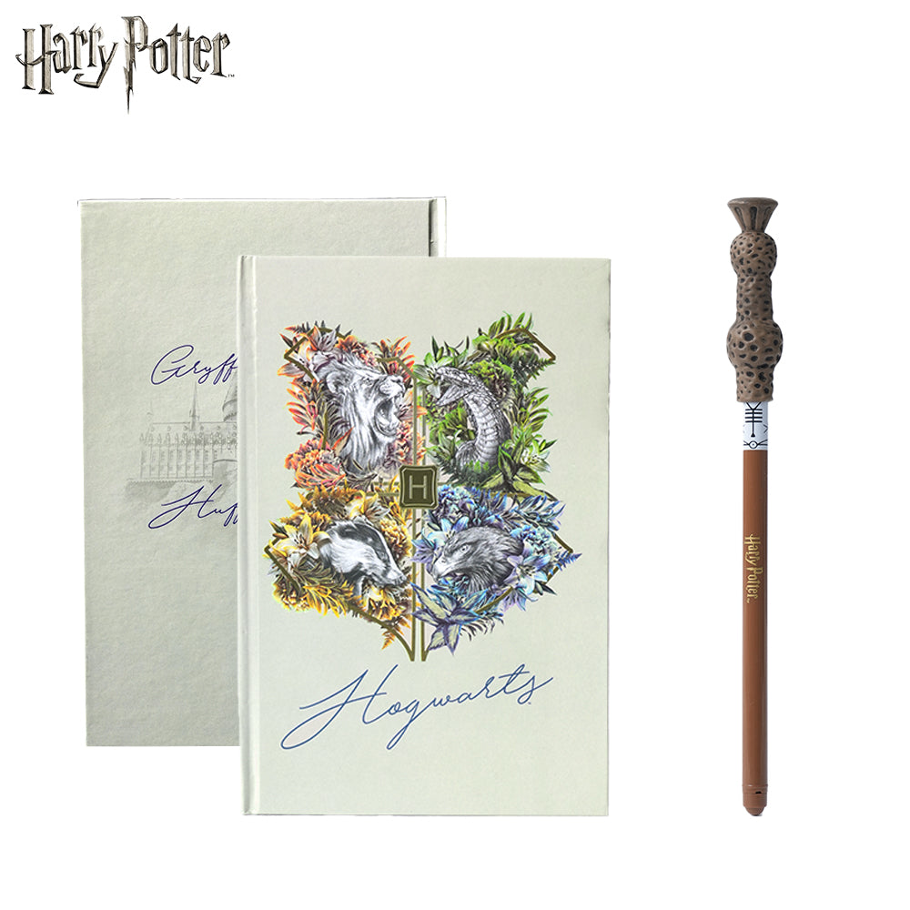 Warner Bros. Ensemble 2 pièces carnet Harry Potter Poudlard 4 maisons et stylo baguette d’Harry, papeterie Monde des sorciers sous licence officielle, collection thématique exclusive, cadeau