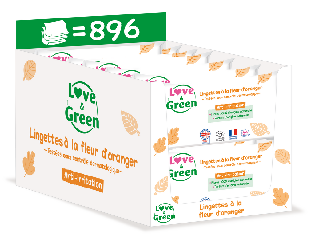 LOVE & GREEN Lingettes écologiques parfumées à la Fleur d'Oranger - fibres 100% d'origine naturelle - 896 lingettes