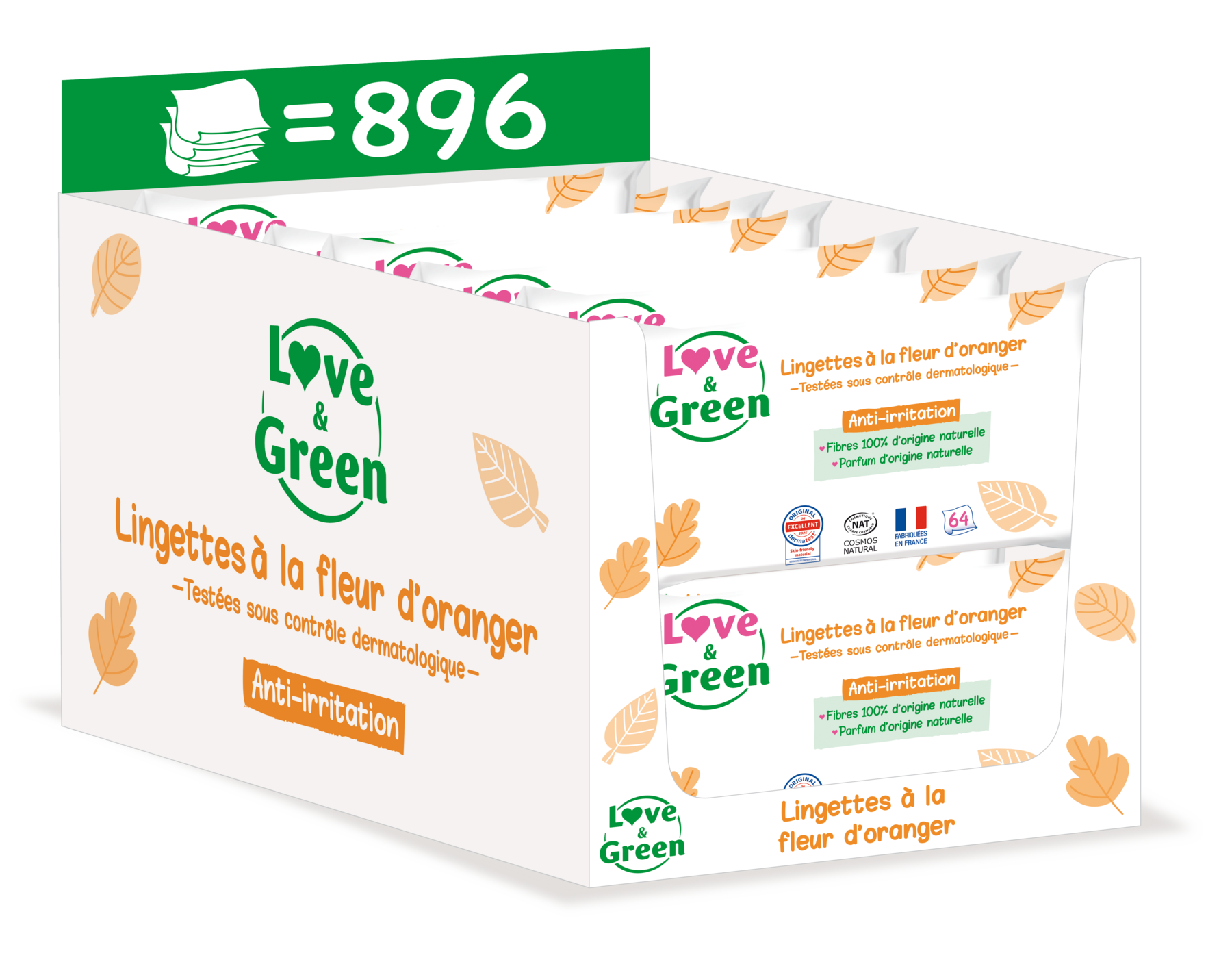 LOVE & GREEN Lingettes écologiques parfumées à la Fleur d'Oranger - fibres 100% d'origine naturelle - 896 lingettes