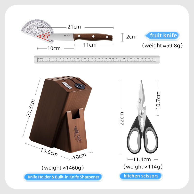 WANGMAZI Ensemble de couteaux Cleaver 7 pièces - Série Shenmu - Acier inoxydable 40Cr13 - Manche en hêtre