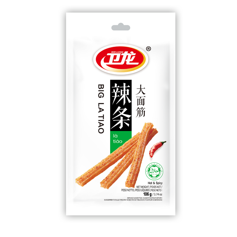 Wei Long Grands bâtonnets de gluten saveur épicée - Contient des édulcorants - 106 g