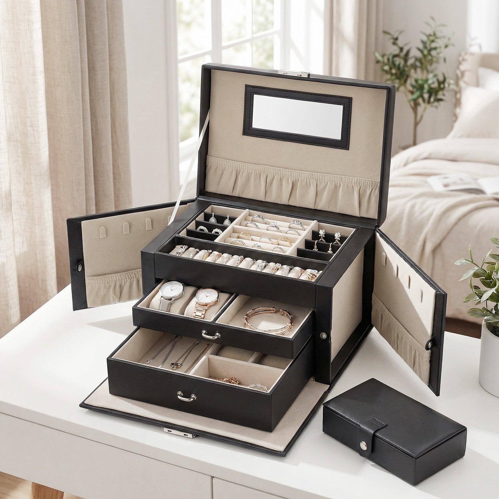 JOYFURNOS Boîte à bijoux 3 niveaux, Organisateur de bijoux avec 2 tiroirs, Étui à bijoux avec étui de voyage portable, Avec poignée, Verrouillable, Rangement pour bijoux, Cadeau pour les proches, Noir