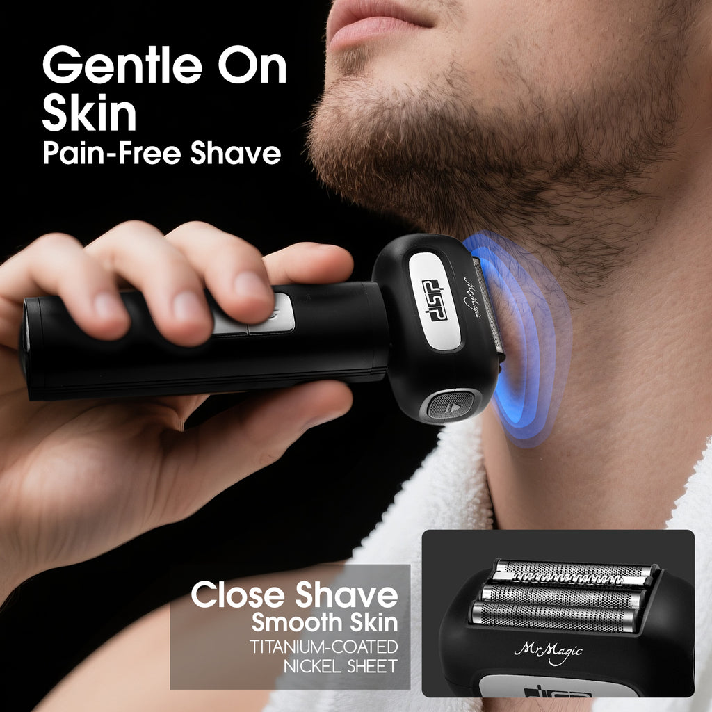 DSP Rasoir électrique à lame fine 2-en-1 McMagic pour hommes, 2 lames en acier inoxydable, 3 vitesses réglables, écran LED, étanchéité IPX6, rechargeable par USB (Noir)