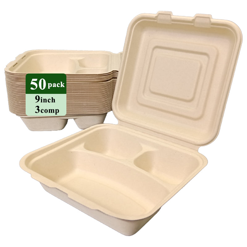 Rui bamboo Boîte coquille jetable en fibre de bambou 9 pouces 3 compartiments Lot de 50