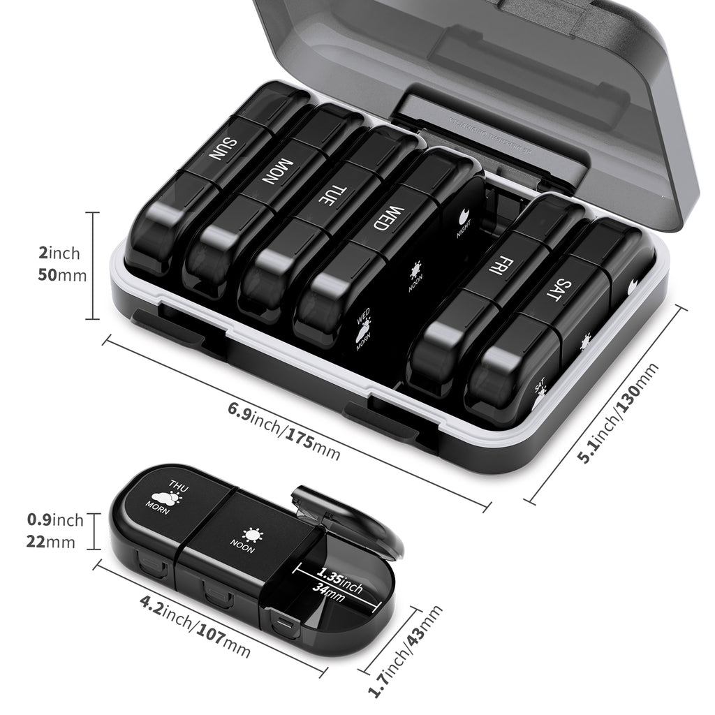 GAONLY Pilulier hebdomadaire 3 prises par jour, Boîte à pilules de voyage portable 7 jours avec grands compartiments, Étui à pilules opaque pour vitamines, médicaments