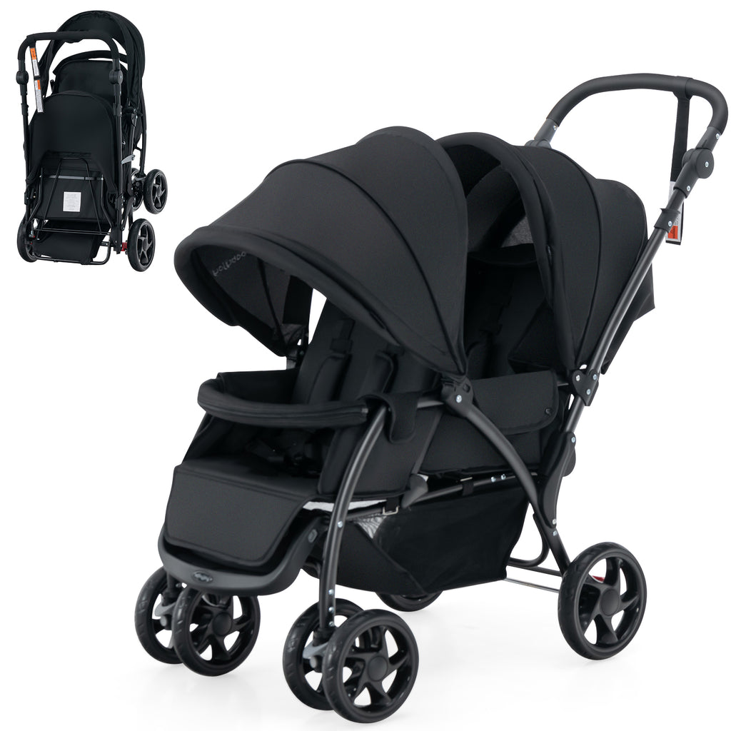Poussette jumelle pliable Sibling avec dossier réglable et pare-soleil, capacité de charge 30 kg, noir