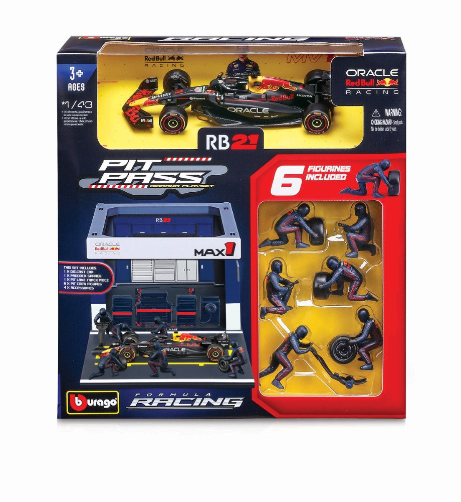 1/43 Bburago Pit-Stop Red Bull RB21 (véhicule + figurines de mécaniciens + paddock + accessoires) #1 Verstappen