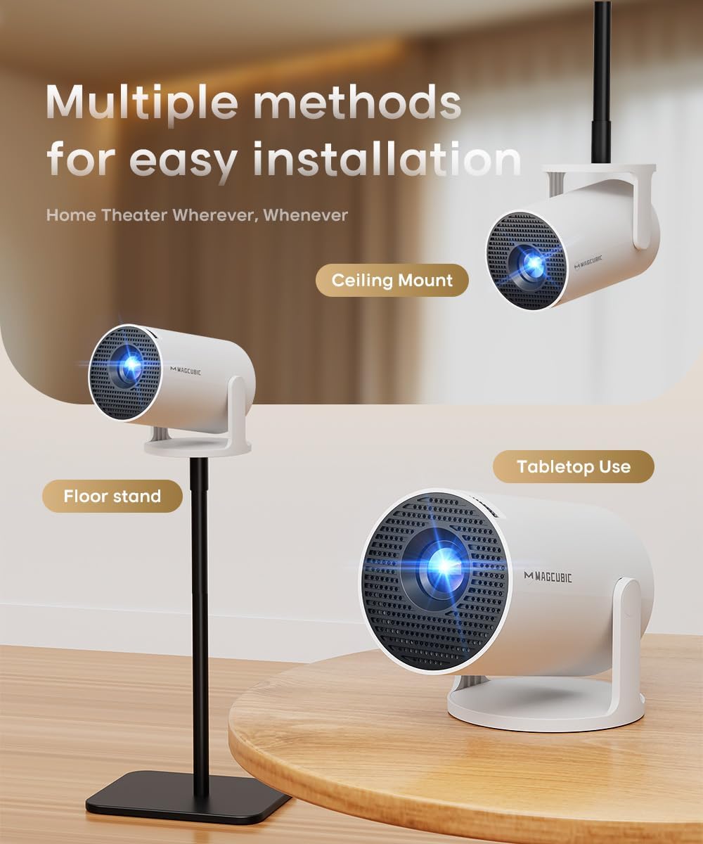 Magcubic Projecteur intelligent, prise en charge 4K, HD native 720p, 290 ANSI, Android 14, Wi-Fi 6 5 GHz, Bluetooth 5.4, rotation à 180° et correction trapézoïdale automatique, projecteur portable pour home cinéma, chambre et extérieur, compatible HD